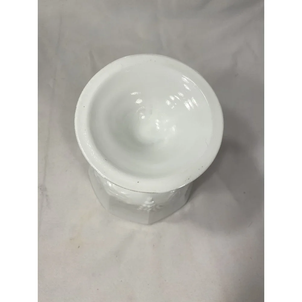 vintage milk white glass vase candy‎ bowl with grapes vines floral 6 inch tall